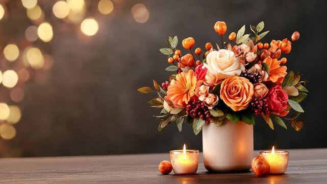 Elegant floral arrangement with candles and bokeh background