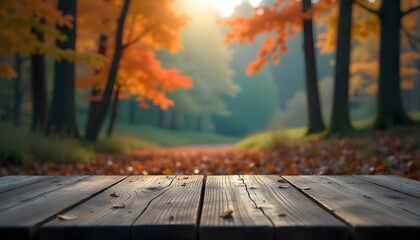 The image is a beautiful landscape of a forest during autumn. The trees are tall and have orange and yellow leaves, indicating that it is autumn. 