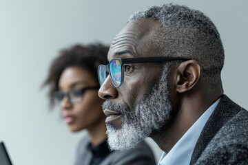 Elderly Black Couple Attending Retirement Planning Seminar with Intent Expressions and Focused Engagement in Modern Office Setting