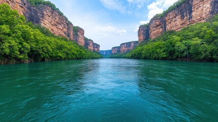 Serene River Surrounded by Lush Greenery and Majestic Cliffs