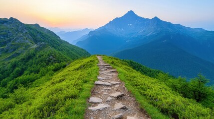 Fototapeta premium Scenic Mountain Pathway Through Lush Greenery at Sunrise