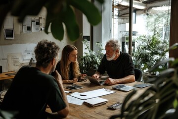Obraz premium Couple Engaging in Financial Planning Consultation with Expert at a Cozy Workspace Surrounded by Plants and Natural Light