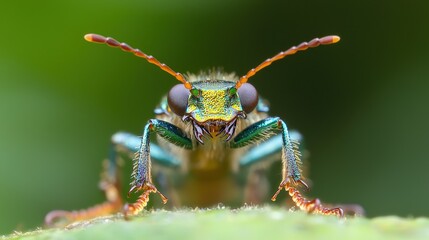 Fototapeta premium Close-up of a vibrant green and gold beetle on a leaf.