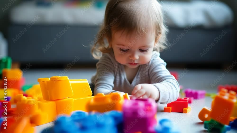 Poster toddler enjoys playful creativity while interacting with colorful plastic building blocks indoors, a