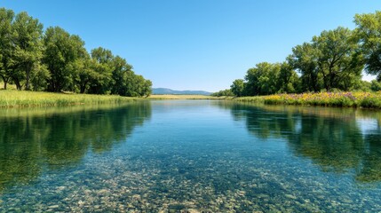 Obraz premium Tranquil River Scene with Clear Water and Lush Green Trees