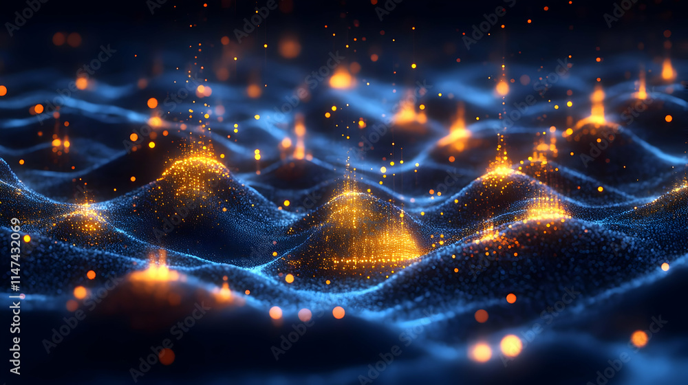 Poster glowing particles flow dynamically across a dark blue surface