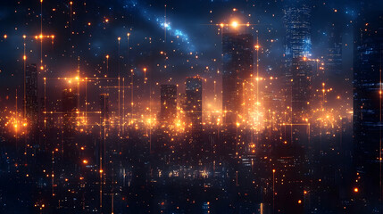 City Lights Glimmering Night, Futuristic Urban Scene, Sparkling Metropolis at Night, Illuminated Skyline, Glowing Buildings, Digital Cityscape, Night View, Bright City, Modern Architecture, Urban Glow