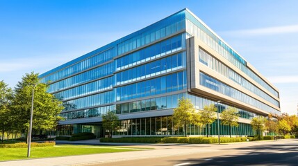 Fototapeta premium Modern glass office building on sunny day.