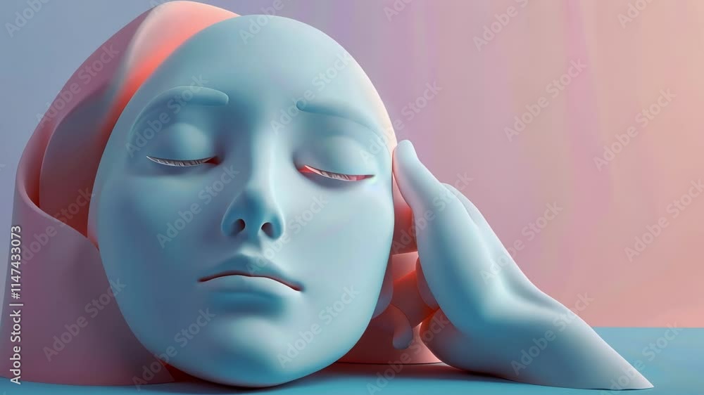 Poster 3d rendering featuring a face with closed eyes resting on a hand, embodying artificial intelligence 