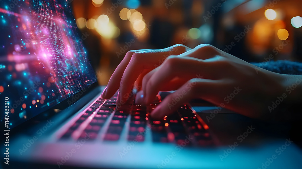 Poster typing code: digital data streams glow brightly