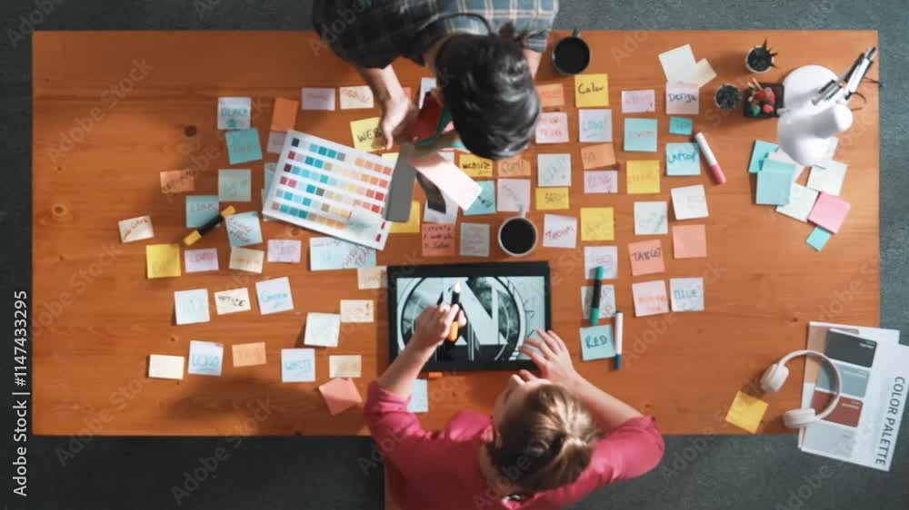 Poster top view of designer writing idea on colorful sticky notes while sitting at meeting table with table