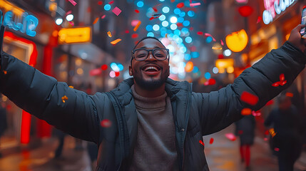 Celebrating Joy: Confetti Falls on Happy Man in City at Night