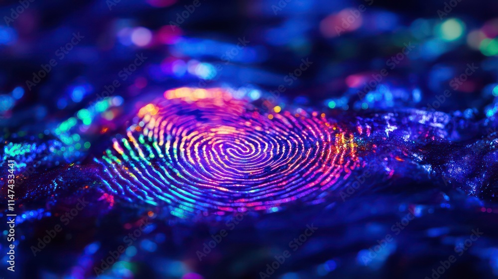 Poster vibrant iridescent fingerprint on a dark textured surface.