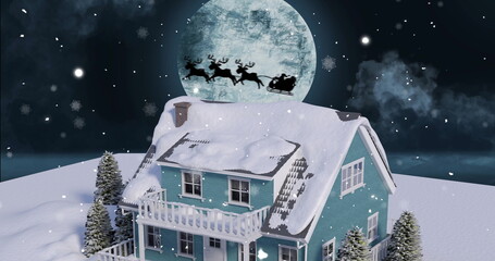 Naklejka premium A snowy home under a full moon with Santa's sleigh flying above
