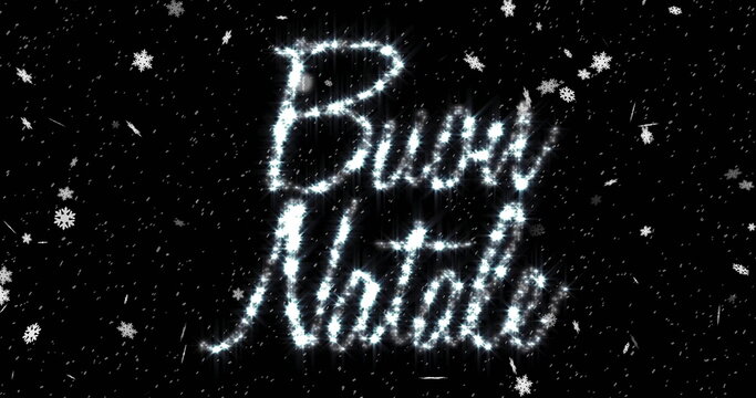 Image of buon natale text over snow falling in winter scenery