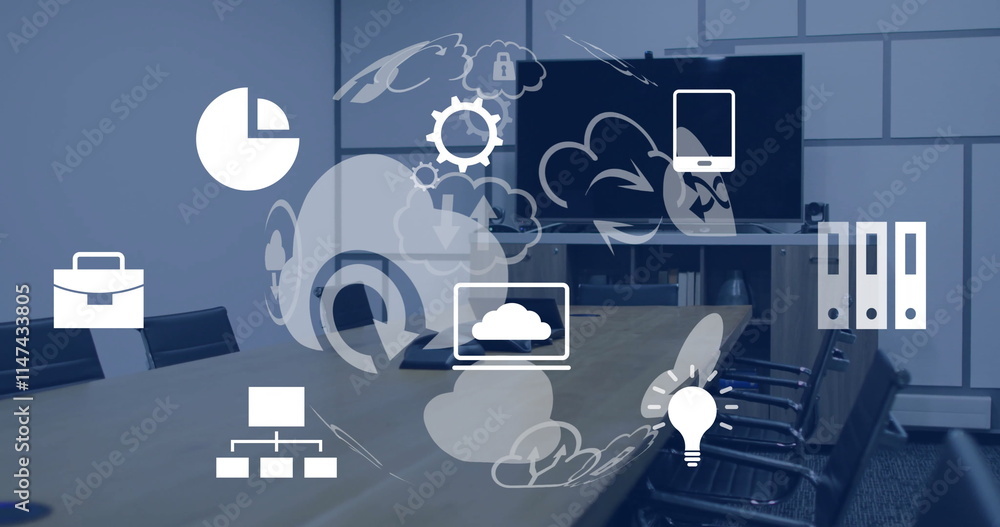 Poster image of globe with icons and data processing over desk in office