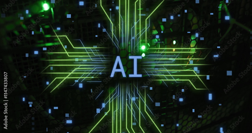 Poster image of ai text and data processing over circuit board