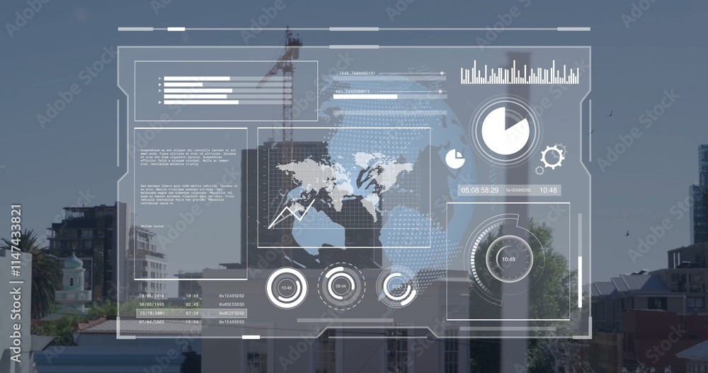Poster image of data processing over screen and cityscape