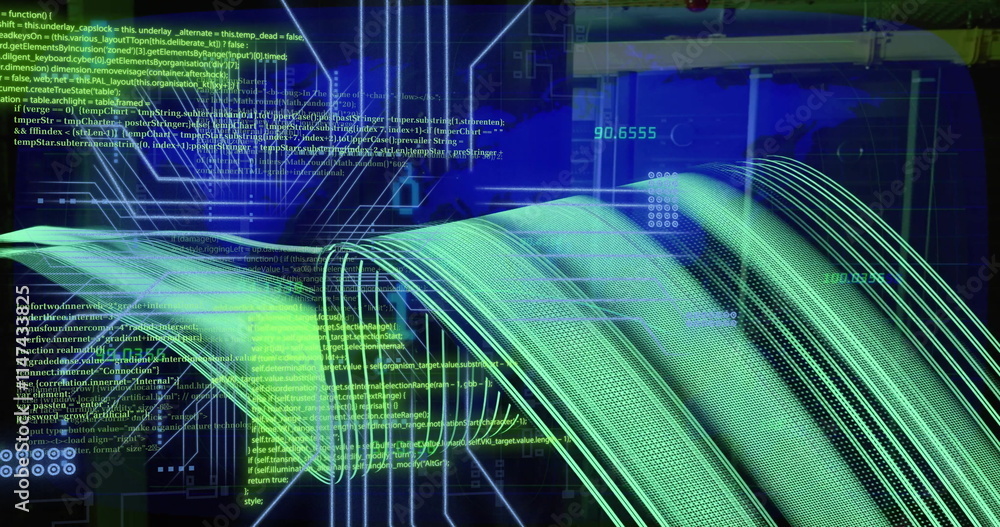 Poster image of data processing and circuit board connections over black background