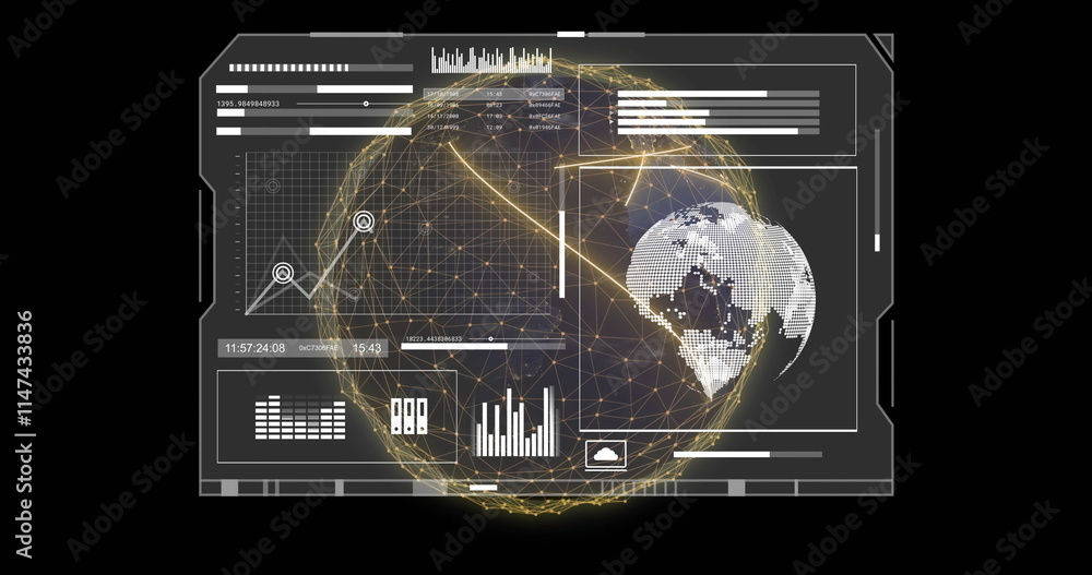 Poster image of screen and data processing over globe on black background
