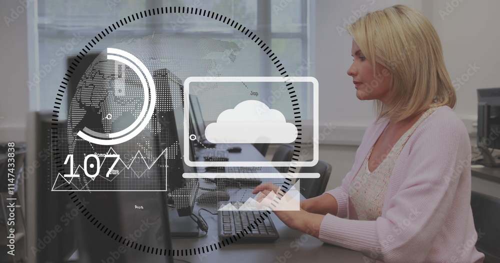 Poster image of icons and data processing over caucasian woman using computer keyboard