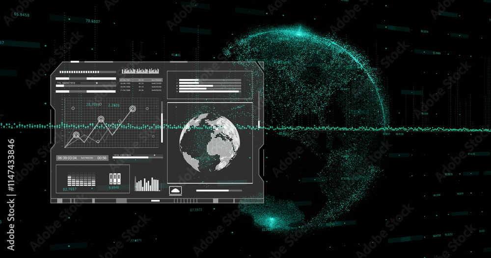Poster image of screen and data processing over globe on black background