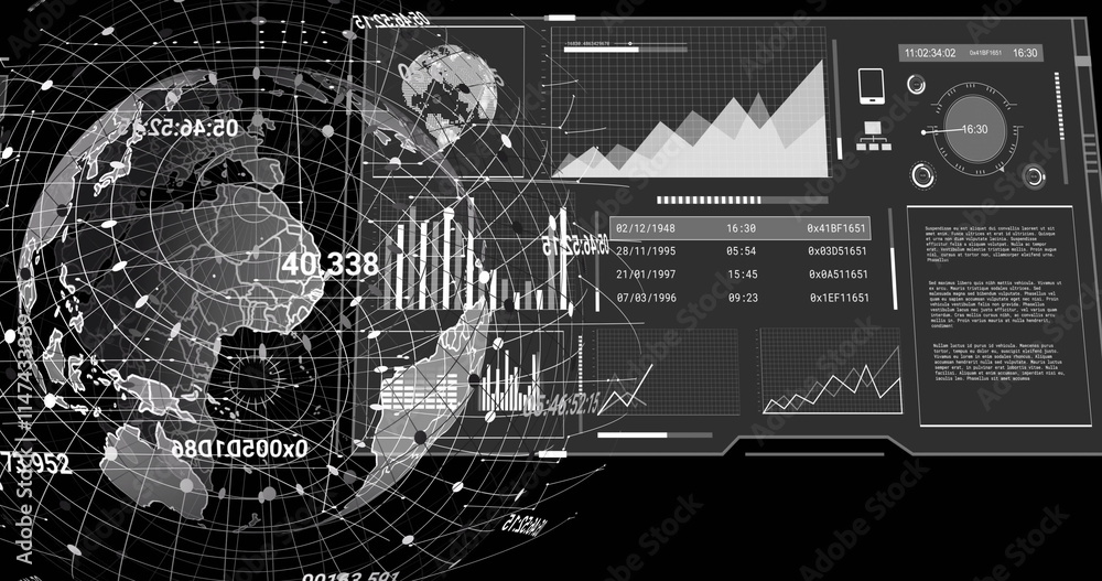 Poster image of screen and data processing over globe on black background