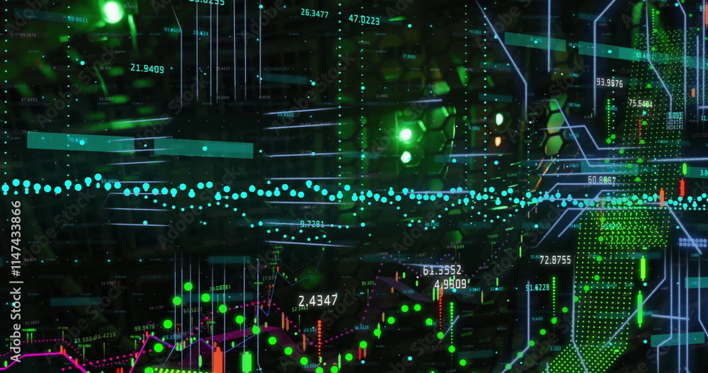 Poster image of data processing and circuit board connections over black background
