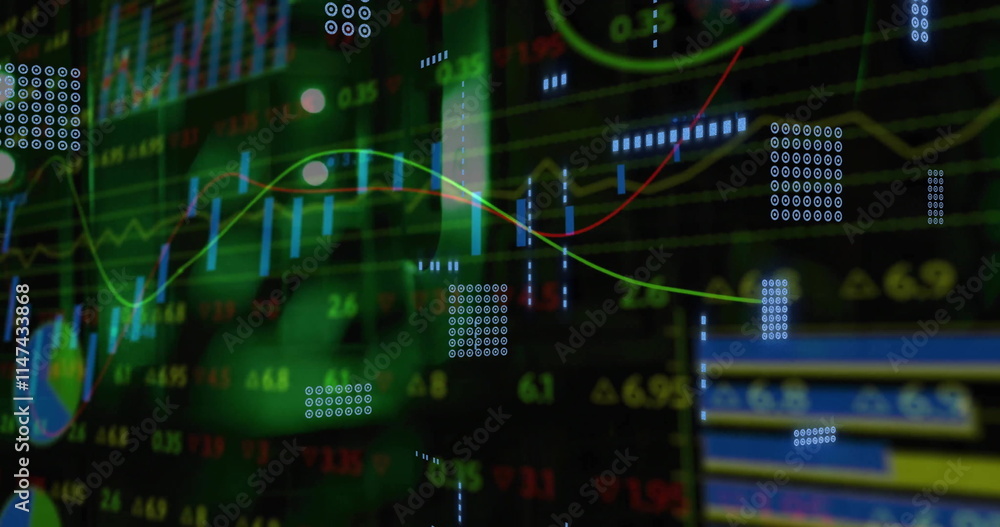 Poster image of data processing and circuit board connections over black background