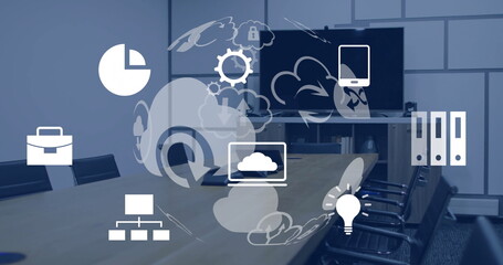 Image of globe with icons and data processing over desk in office