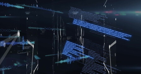 Image of connections and data processing over black background