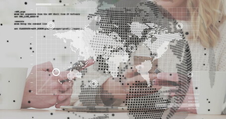 Image of globe with data processing over caucasian women using smartphone