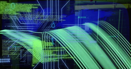 Image of data processing and circuit board connections over black background