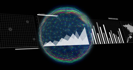 Image of data processing over globe on black background