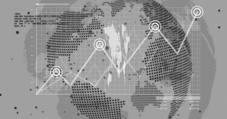 Image of data processing and world map over globe on grey background