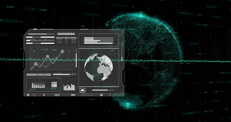 Image of screen and data processing over globe on black background