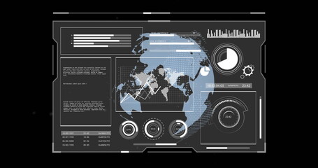 Image of screen with data processing over globe on black background