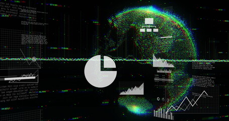 Image of statistics and data processing over globe on black background