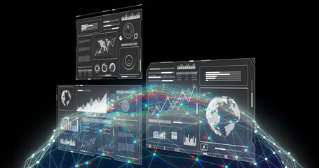 Image of screens and data processing over globe on black background
