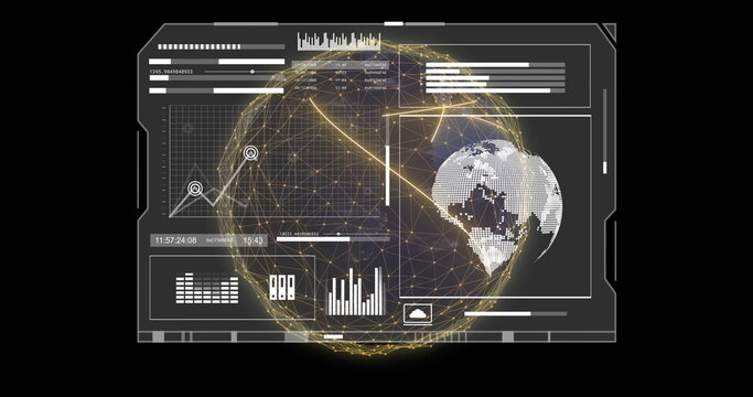 Image of screen and data processing over globe on black background