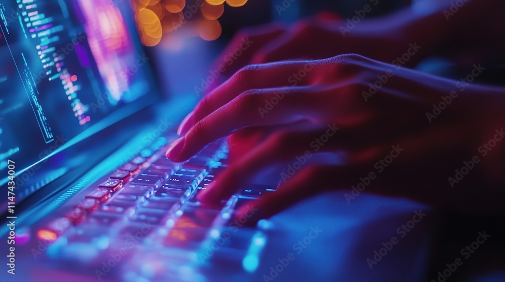 Poster hands typing on advanced computer with digital display and lights
