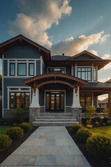 Fototapeta premium Two-Story House with Stone Facade and Walkway
