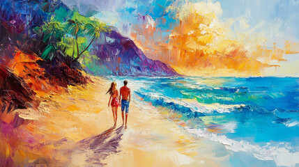 Colorful beach sunset with couple walking along the shoreline. 