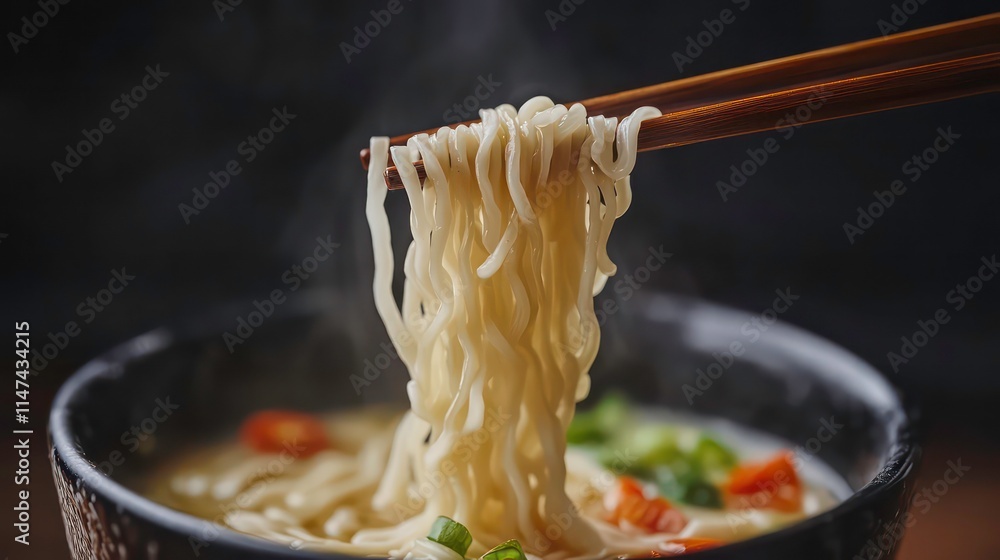 Poster steaming noodles lifted with chopsticks from a dark bowl.