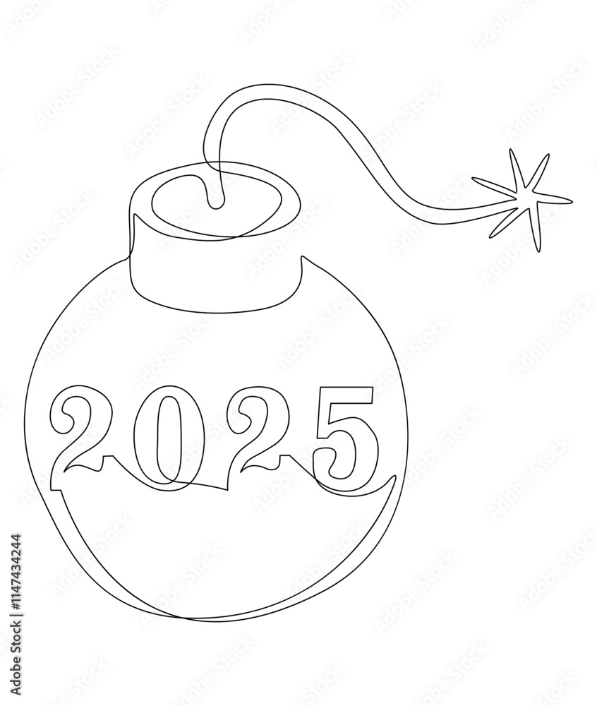 Poster one continuous line of bomb with number 2025. thin line illustration vector concept. contour drawing