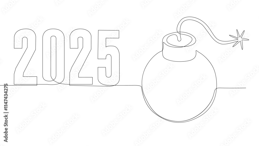 Poster one continuous line of bomb with number 2025. thin line illustration vector concept. contour drawing
