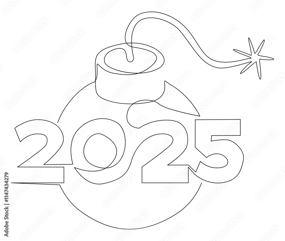 Poster one continuous line of bomb with number 2025. thin line illustration vector concept. contour drawing