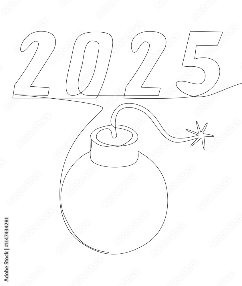 Aufkleber one continuous line of bomb with number 2025. thin line illustration vector concept. contour drawing