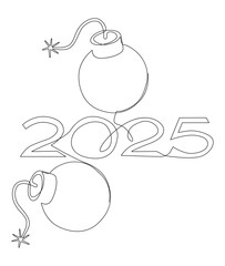 One continuous line of bomb with number 2025. Thin Line Illustration vector concept. Contour Drawing Creative ideas.