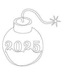 One continuous line of bomb with number 2025. Thin Line Illustration vector concept. Contour Drawing Creative ideas.